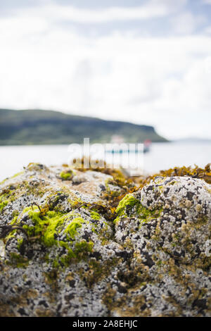 View from moss covered rock on Stein beach, Isle of Skye, Scotland Stock Photo