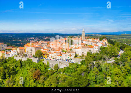 Town of Labin in Istria, Croatia, old traditional houses and castle, view from drone Stock Photo