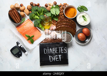 Healthy foods  for Diabetes diet. Cholesterol diet, food high in antioxidants, vitamins and minerals. Stock Photo
