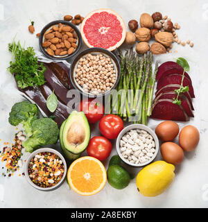 Foods high in vitamin B9. Healthy food, sources of folic acid. Top view Stock Photo