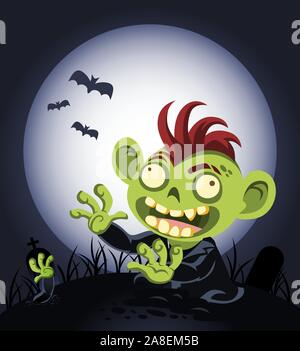 Halloween cartoon zombie coming out of the graveyard vector illustration Stock Vector