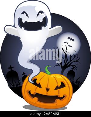 Halloween Pumpkin Ghost in Cemetery with bats over the moon Stock Vector