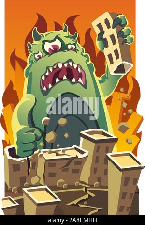 Huge monster destroying a city vector cartoon illustration Stock Vector