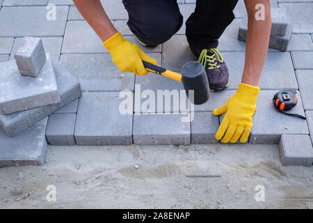 The master in yellow gloves lays paving stones in layers. Garden brick pathway paving by professional paver worker. Laying gray concrete paving slabs Stock Photo