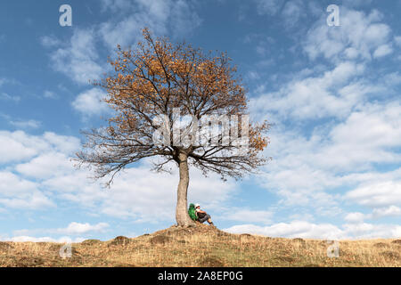 Tourist sitting under majestic orange tree at autumn mountain valley. Dramatic colorful fall scene with blue cloudy sky. Landscape photography Stock Photo