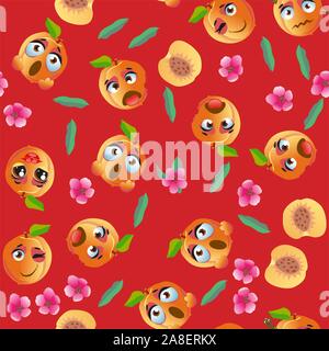 Seamless pattern with emoji peaches. Funny cute faces character Stock Vector