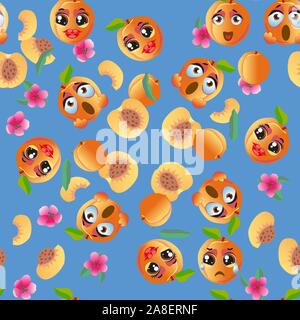 Seamless pattern with emoji peaches. Funny cute faces character Stock Vector