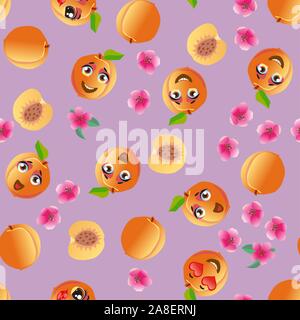Seamless pattern with emoji peaches. Funny cute faces character Stock Vector