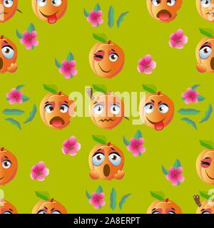 Seamless pattern with emoji peaches. Funny cute faces character Stock Vector