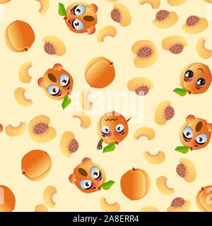 Seamless pattern with emoji peaches. Funny cute faces character Stock Vector
