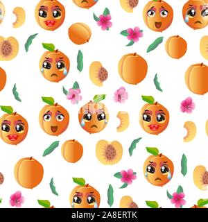 Seamless pattern with emoji peaches. Funny cute faces character Stock Vector