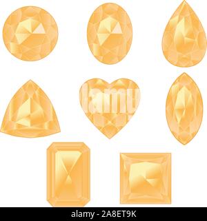 Precious gemstones, crystals of yellow color in different shapes collection. Stock Vector