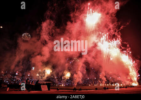 08 November 2019, Egypt, Cairo: A view of the fire works show during the opening ceremony of the Africa U-23 Cup of Nations at Cairo International Stadium. Photo: Sayed hassan/dpa Stock Photo