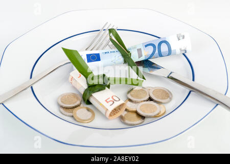 Symbolfoto, Essen, teuer, Teures Essen, Teller, Besteck, Euro, Banknoten, Stock Photo