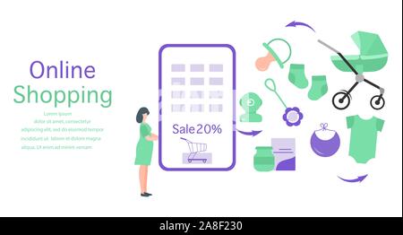 Vector illustration Pregnant woman makes purchases in online store Phone, stroller, food, pacifier, rattle, baby monitor, bib, socks, bodysuit Newborn Stock Vector