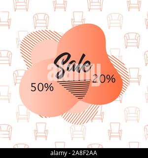 Seamless pattern Armchair, inscription Sale 50, 20 percent price reduction advert. Black Friday, Cyber Monday background. Purchase Discount promo layo Stock Vector