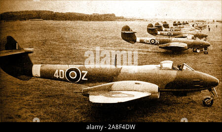 An old photograph (circa 1943)  showing the then new UK  Gloster Meteor jet fighters used in WWII. It  was the first British jet fighter and the Allies' ONLY jet fighter to be involved in  combat operations during WWII Stock Photo