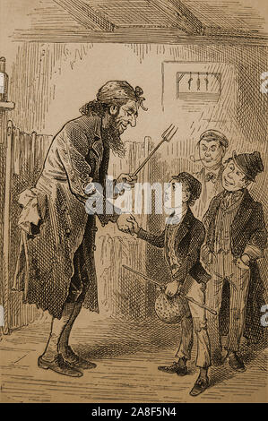 1885 Illustration Fagin greets Oliver Twist or, the Parish Boy's Progress from Charles Dickens 2nd novel, first published in serial form.The story of an  orphan Oliver Twist, who is sold into apprenticeship with an undertaker. After escaping he  travels to London, where he meets the 'Artful Dodger', a member of a gang of juvenile pickpockets led by an elderly rogue Fagin. Stock Photo