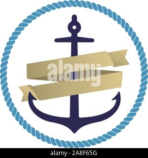 Vector illustration. Flat anchor icon or logo with orange ribbon and circular rope. Isolated. Stock Vector