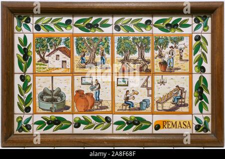 Tile about the elaboration of the olive oil, Hacienda La Laguna, Puente del Obispo-Baeza, Jaen province, Region of Andalusia, Spain, Europe. Stock Photo