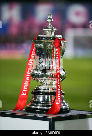 A general view of the FA Cup trophy before the FA Cup First Round match at Champion Hill, London. Stock Photo