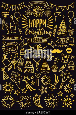 Celebration, party, birthday, Valentine's day doodle, set of gold vector design elements Stock Vector