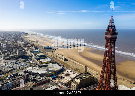 Aerial views of the Blackpool Tower at one of the UK's biggest seaside resorts, Stunnig landscapes of the sea, and Blackpool city itself Stock Photo