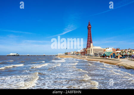 Aerial views of the Blackpool Tower at one of the UK's biggest seaside resorts, Stunnig landscapes of the sea, and Blackpool city itself Stock Photo