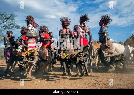 Hamar tribe women dancing before bull jumping ceremony near Turmi Ethiopia Stock Photo