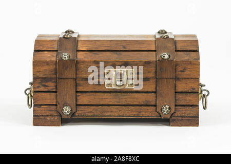 Old wood toy treasure chest on white. Stock Photo
