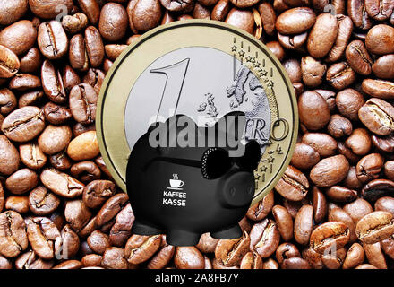 Schwarzes Sparschwein, Sparen, Vorsorge, Aufdruck: Kaffeekasse, Euro, Münzen,