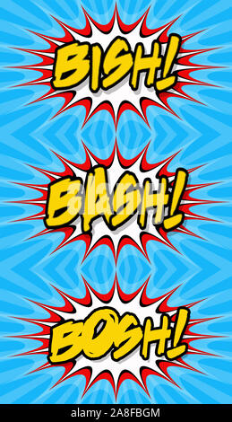 Bish, bash, bosh pop art poster, comic book writing or sign Stock Photo