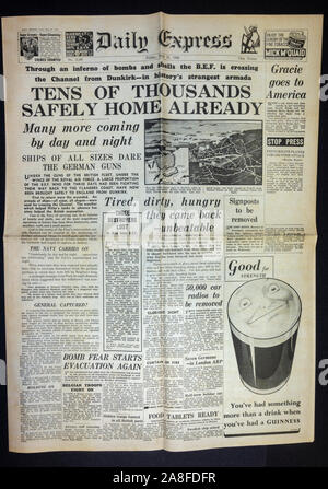 Replica of the Daily Express newspaper on 31st May 1940 showing the Dunkirk evacuation with the headline 'Tens of thousands safely home already'. Stock Photo