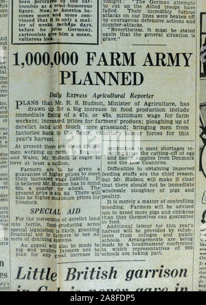 Report on the establishment of a million person Farm Army (which became the Womens Land Army in the Daily Express newspaper (replica) 31st May 1940. Stock Photo