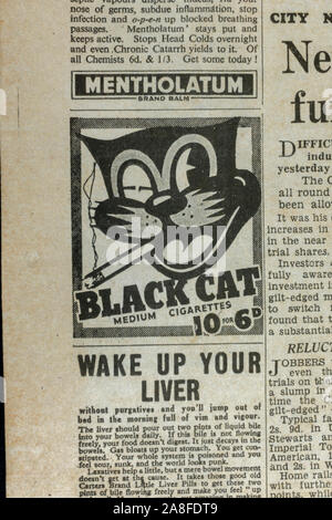 Advert for Black Cat medium cigarettes in the Daily Express newspaper (replica) on 31st May 1940 during the Dunkirk evacuation. Stock Photo