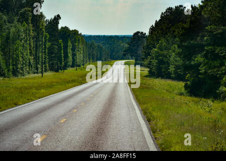 An outstretching empty asphalt highway cutting through a pine tree forest in rural Southern Mississippi, USA Stock Photo