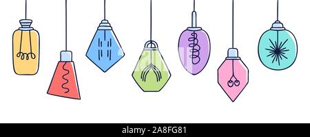 Horizontal banner with Hand drawn vector set of different colorful geometric loft lamps. Edison lamps and modern sketch. Vintage light bulbs doodle ar Stock Vector