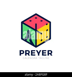 Holy cross, pray hand and clock icons in hexagon shape vector logo for church or religion organization. Stock Vector