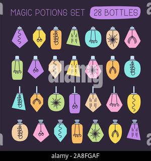 Vector mega set of potion. Hand drawn collection in cartoon doodle style with magic bottle and colorful potion inside vector illustration. Stock Vector