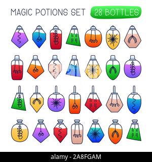 Vector mega set of potion. Hand drawn collection in cartoon doodle style with magic bottle and colorful potion inside vector illustration. Stock Vector