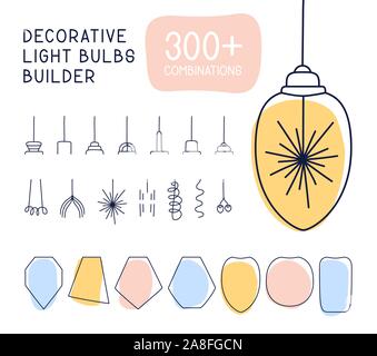 Vector decorative light loft bulbs in doodle style builder. mega collection set hand drawn doodles illustration sketch loft lamps on the white backgro Stock Vector