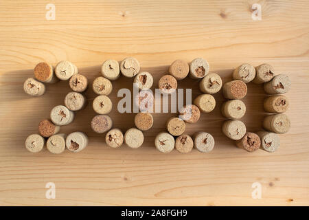 Wine corks stacked as the date 2020. Christmas Background Stock Photo