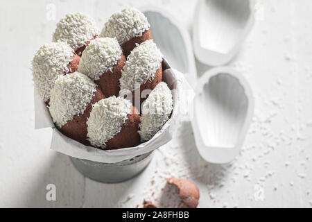 Tasty Madeleine chocolate cookies as a small french snack Stock Photo