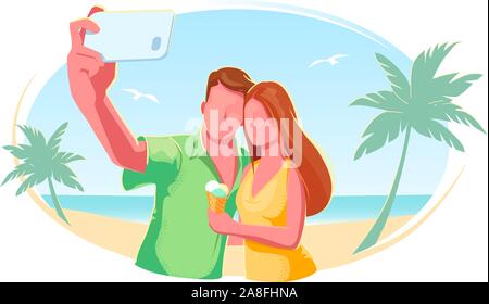 Beach couple selfie flat vector isolated illustration. Holiday, vacation, honeymoon, tourism concept. Summer Travel banner. Friends outdoor lifestyle modern design. Tropical sea on white background. Stock Vector