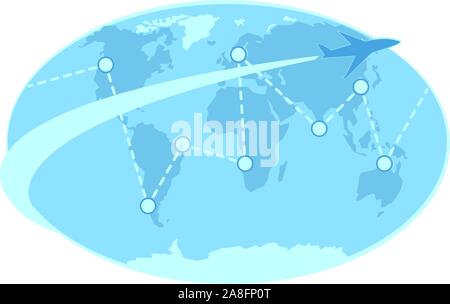 Flight travel world map illustration. Business trip design. Flat airplane with destination signs on countries template. Tourism graphic element. Vacation, journey concept Isolated white background. Stock Vector