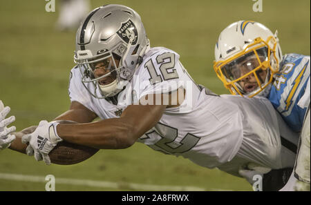 Oakland, California, USA. 7th Nov, 2019. Oakland Raiders wide receiver Zay  Jones (12) catches ball on Thursday, November 7, 2019, at Oakland-Alameda  County Coliseum in Oakland, California. The Raiders defeated the LA