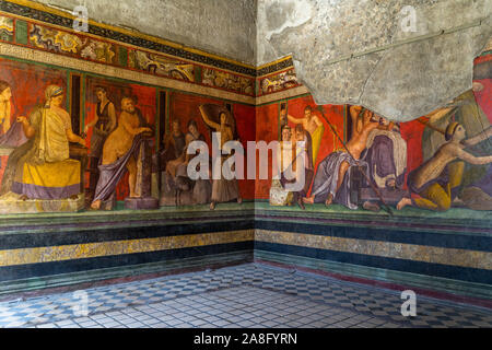 The frescoes of Villa dei Misteri (Villa of the Mysteries), an ancient Roman villa at Pompeii ancient city, Italy Stock Photo