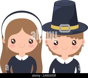 couple of pilgrims, thanksgiving on white background vector illustration design Stock Vector