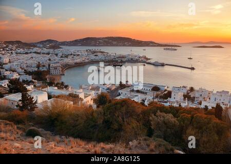 Mykonos bay viewed from above at sunset. Greece. Stock Photo