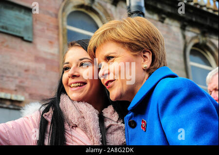 Alloa, UK. 6th Nov, 2019. First Minister Nicola Sturgeon takes a selfie with her supporter during an election campaign of SNP John Nicolson ahead of the 2019 General Election. Credit: Stewart Kirby/SOPA Images/ZUMA Wire/Alamy Live News Stock Photo